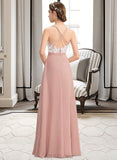 Lorelei A-Line V-neck Floor-Length Chiffon Lace Prom Dresses With Split Front UKP0014366