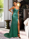 Lucinda Trumpet/Mermaid V-neck Floor-Length Sequined Prom Dresses With Beading Sequins UKP0014368