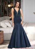 Louise Trumpet/Mermaid V-neck Sweep Train Satin Prom Dresses With Beading UKP0014371