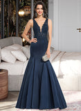 Louise Trumpet/Mermaid V-neck Sweep Train Satin Prom Dresses With Beading UKP0014371