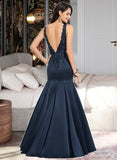 Louise Trumpet/Mermaid V-neck Sweep Train Satin Prom Dresses With Beading UKP0014371