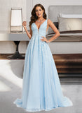 Giada Ball-Gown/Princess V-neck Sweep Train Tulle Prom Dresses With Lace Beading UKP0014372