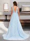 Giada Ball-Gown/Princess V-neck Sweep Train Tulle Prom Dresses With Lace Beading UKP0014372