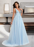 Giada Ball-Gown/Princess V-neck Sweep Train Tulle Prom Dresses With Lace Beading UKP0014372