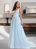 Giada Ball-Gown/Princess V-neck Sweep Train Tulle Prom Dresses With Lace Beading UKP0014372