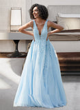 Giada Ball-Gown/Princess V-neck Sweep Train Tulle Prom Dresses With Lace Beading UKP0014372