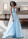 Giada Ball-Gown/Princess V-neck Sweep Train Tulle Prom Dresses With Lace Beading UKP0014372