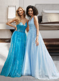 Giada Ball-Gown/Princess V-neck Sweep Train Tulle Prom Dresses With Lace Beading UKP0014372