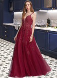 Elaina A-Line V-neck Floor-Length Tulle Prom Dresses With Beading Sequins UKP0014375