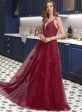 Elaina A-Line V-neck Floor-Length Tulle Prom Dresses With Beading Sequins UKP0014375