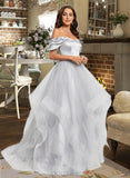 Ally Ball-Gown/Princess Off-the-Shoulder Sweep Train Tulle Prom Dresses UKP0014378