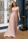 Angel Empire V-neck Floor-Length Chiffon Prom Dresses With Cascading Ruffles UKP0014379