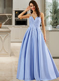 Noelle Ball-Gown/Princess V-neck Floor-Length Satin Prom Dresses With Beading Sequins UKP0014380