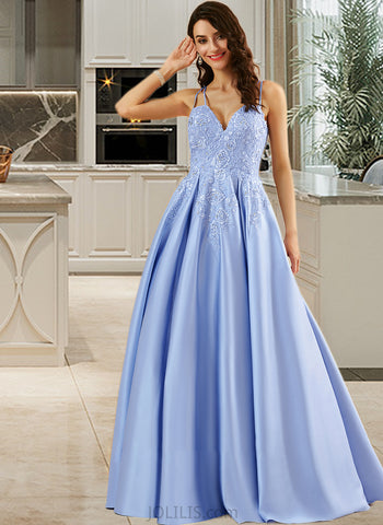 Noelle Ball-Gown/Princess V-neck Floor-Length Satin Prom Dresses With Beading Sequins UKP0014380