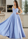 Noelle Ball-Gown/Princess V-neck Floor-Length Satin Prom Dresses With Beading Sequins UKP0014380