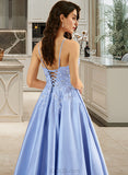 Noelle Ball-Gown/Princess V-neck Floor-Length Satin Prom Dresses With Beading Sequins UKP0014380