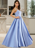 Noelle Ball-Gown/Princess V-neck Floor-Length Satin Prom Dresses With Beading Sequins UKP0014380