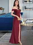 Kayley Sheath/Column Off-the-Shoulder Floor-Length Satin Prom Dresses With Ruffle Split Front UKP0014381