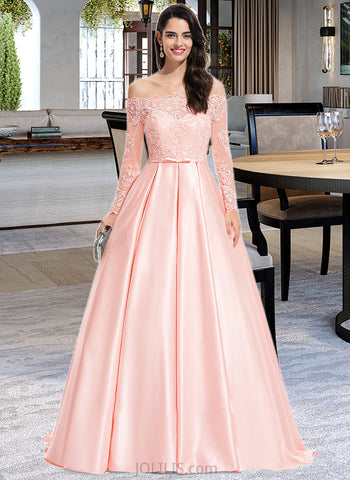 Asia Ball-Gown/Princess Off-the-Shoulder Sweep Train Satin Prom Dresses With Bow(s) UKP0014384