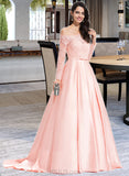 Asia Ball-Gown/Princess Off-the-Shoulder Sweep Train Satin Prom Dresses With Bow(s) UKP0014384