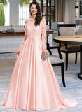 Asia Ball-Gown/Princess Off-the-Shoulder Sweep Train Satin Prom Dresses With Bow(s) UKP0014384