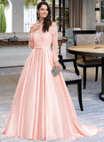 Asia Ball-Gown/Princess Off-the-Shoulder Sweep Train Satin Prom Dresses With Bow(s) UKP0014384