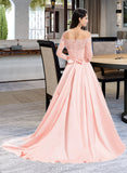 Asia Ball-Gown/Princess Off-the-Shoulder Sweep Train Satin Prom Dresses With Bow(s) UKP0014384