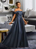 Hanna A-Line Off-the-Shoulder Floor-Length Satin Prom Dresses With Pleated UKP0014385