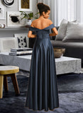 Hanna A-Line Off-the-Shoulder Floor-Length Satin Prom Dresses With Pleated UKP0014385