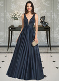 Shania A-Line V-neck Floor-Length Satin Prom Dresses With Beading Sequins UKP0014386