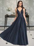 Shania A-Line V-neck Floor-Length Satin Prom Dresses With Beading Sequins UKP0014386