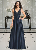 Shania A-Line V-neck Floor-Length Satin Prom Dresses With Beading Sequins UKP0014386