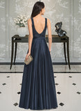 Shania A-Line V-neck Floor-Length Satin Prom Dresses With Beading Sequins UKP0014386