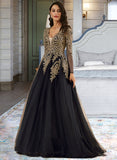 Cheryl Ball-Gown/Princess V-neck Sweep Train Tulle Prom Dresses With Lace Sequins UKP0014388