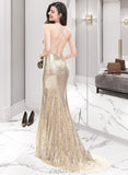 Miya Trumpet/Mermaid V-neck Sweep Train Sequined Prom Dresses With Sequins UKP0014390