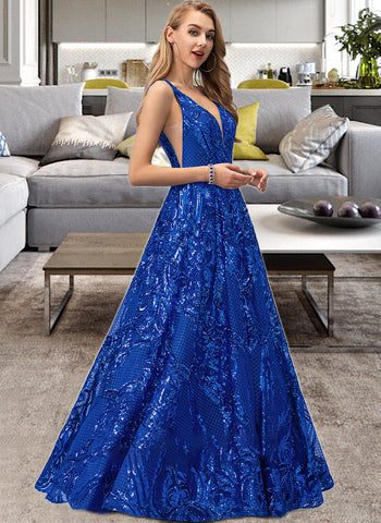 Alaina A-Line V-neck Floor-Length Sequined Prom Dresses With Sequins UKP0014391