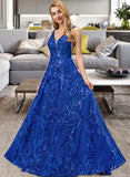 Alaina A-Line V-neck Floor-Length Sequined Prom Dresses With Sequins UKP0014391