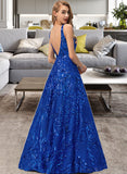 Alaina A-Line V-neck Floor-Length Sequined Prom Dresses With Sequins UKP0014391