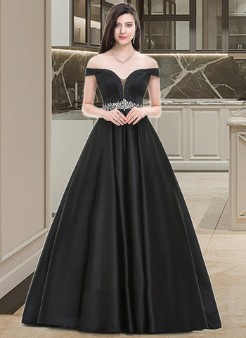 Mira Ball-Gown/Princess Off-the-Shoulder Floor-Length Satin Prom Dresses With Beading UKP0014396