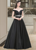 Mira Ball-Gown/Princess Off-the-Shoulder Floor-Length Satin Prom Dresses With Beading UKP0014396