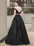 Mira Ball-Gown/Princess Off-the-Shoulder Floor-Length Satin Prom Dresses With Beading UKP0014396