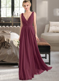 Alicia A-Line V-neck Floor-Length Chiffon Prom Dresses With Ruffle UKP0014397