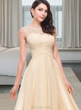 Sahna A-Line Scoop Neck Floor-Length Chiffon Prom Dresses With Ruffle Beading Flower(s) UKP0014398