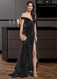 Brylee Trumpet/Mermaid Off-the-Shoulder Sweep Train Velvet Prom Dresses With Cascading Ruffles UKP0014399