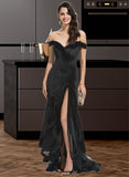 Brylee Trumpet/Mermaid Off-the-Shoulder Sweep Train Velvet Prom Dresses With Cascading Ruffles UKP0014399