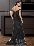 Brylee Trumpet/Mermaid Off-the-Shoulder Sweep Train Velvet Prom Dresses With Cascading Ruffles UKP0014399