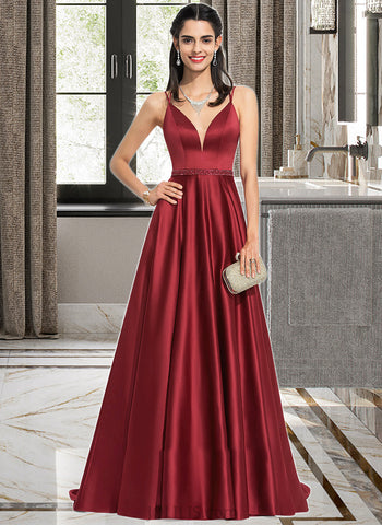 Heidy A-Line V-neck Sweep Train Satin Prom Dresses With Beading Sequins Split Front UKP0014400