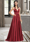 Heidy A-Line V-neck Sweep Train Satin Prom Dresses With Beading Sequins Split Front UKP0014400