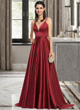 Heidy A-Line V-neck Sweep Train Satin Prom Dresses With Beading Sequins Split Front UKP0014400