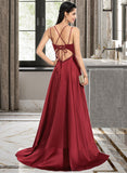 Heidy A-Line V-neck Sweep Train Satin Prom Dresses With Beading Sequins Split Front UKP0014400